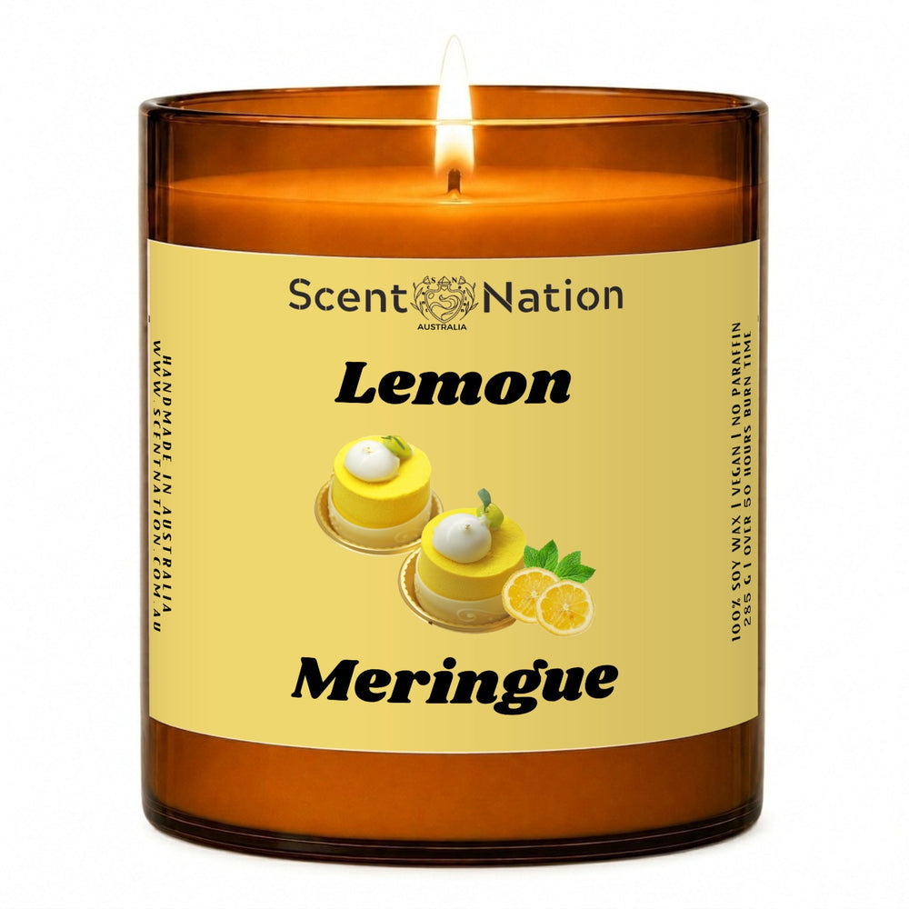 Lemon candle: Lemon Meringue scented soy candle in a Large 285g amber jar with a yellow label, lemon tarts and lemon slices, over 50 hours burn time, Scent Nation Australia