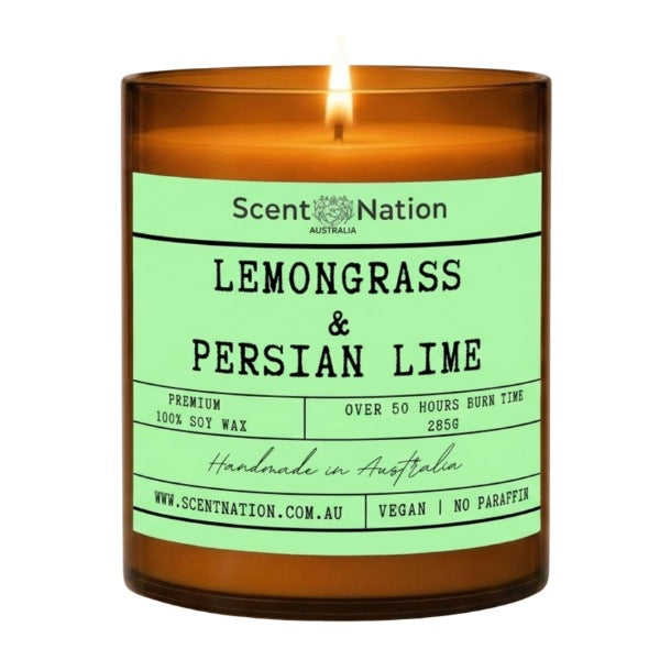 Lime candle: Lemongrass & Persian Lime scented soy candle in a Large 285g amber jar with a mint green label, Scent Nation Australia
