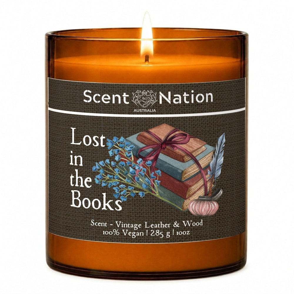 Book lover gifts: Lost in the Books candle, vintage leather and wood scent, Large 285g amber soy jar with a linen-look label, old books and a quill, Scent Nation Australia