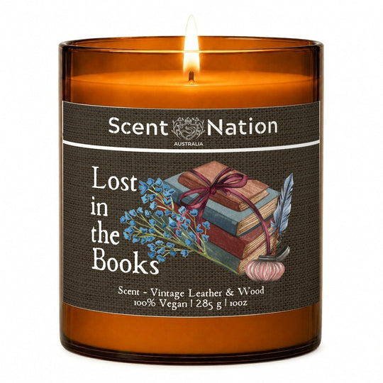 Book lover gifts: Lost in the Books candle, vintage leather and wood scent, Large 285g amber soy jar with a linen-look label, old books and a quill, Scent Nation Australia