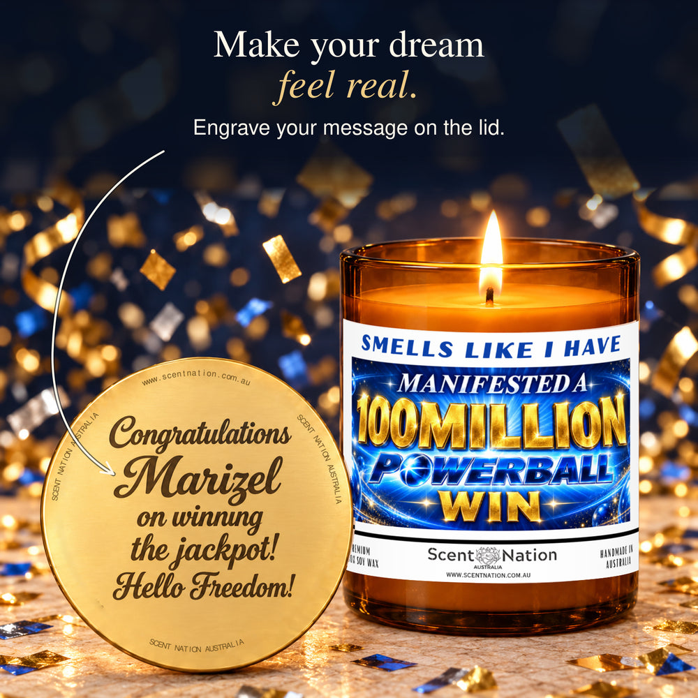 Personalised engraved candle lid with a 100 Million Powerball manifestation candle, a made-to-order gift from Scent Nation Australia.
