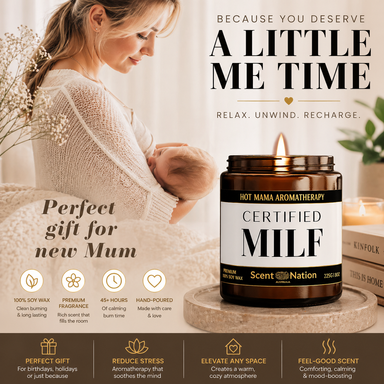 Candle with 'Certified Mile' label on a surface, woman in background, text about product benefits.