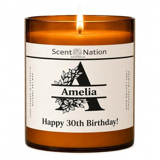 30th birthday gift ideas: personalised monogram candle, Large 285g amber soy jar with a floral letter A, the name Amelia and Happy 30th Birthday, Scent Nation Australia