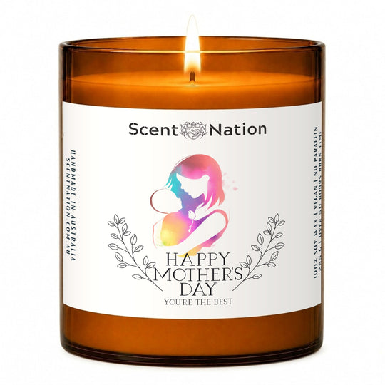 Mothers day gifts: Happy Mother's Day, You're the Best candle, Large 285g amber soy jar with a white label and a watercolour mother-and-baby silhouette, Scent Nation Australia
