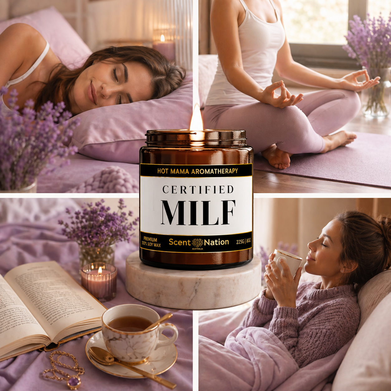 Luxury soy scented candle in elegant bedroom setting with soft cushions and flowers, premium gift idea for mum home decor Australia
