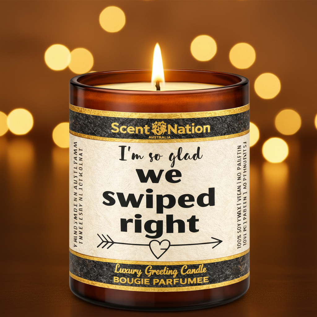 Scent Nation romantic scented candle for couples, non toxic soy candle Australia, I'm so glad we swiped right anniversary gift amber jar