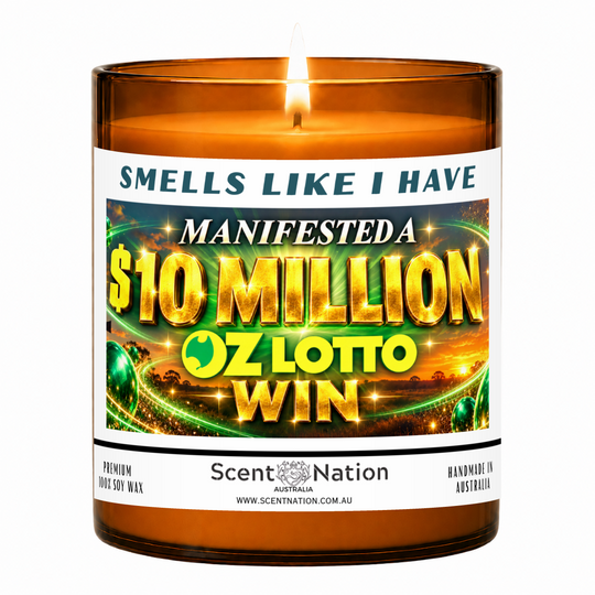 Lit Scent Nation large amber soy candle labelled Smells Like I Have Manifested a $10 Million Oz Lotto Win