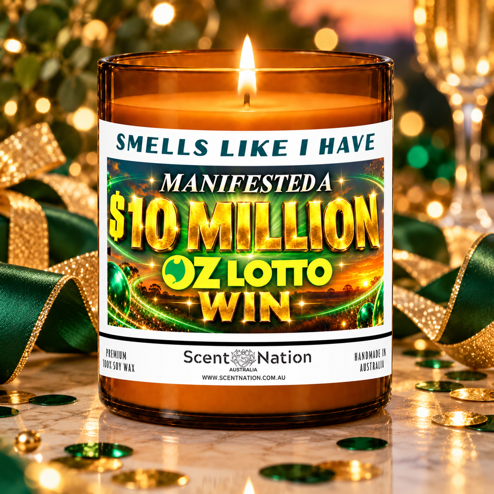 $10 million Oz Lotto win affirmation candle in a green and gold gift-ready celebration setting