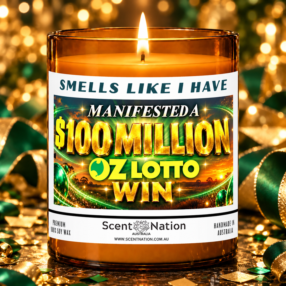 $100 million Oz Lotto win affirmation candle in a green and gold gift-ready celebration setting