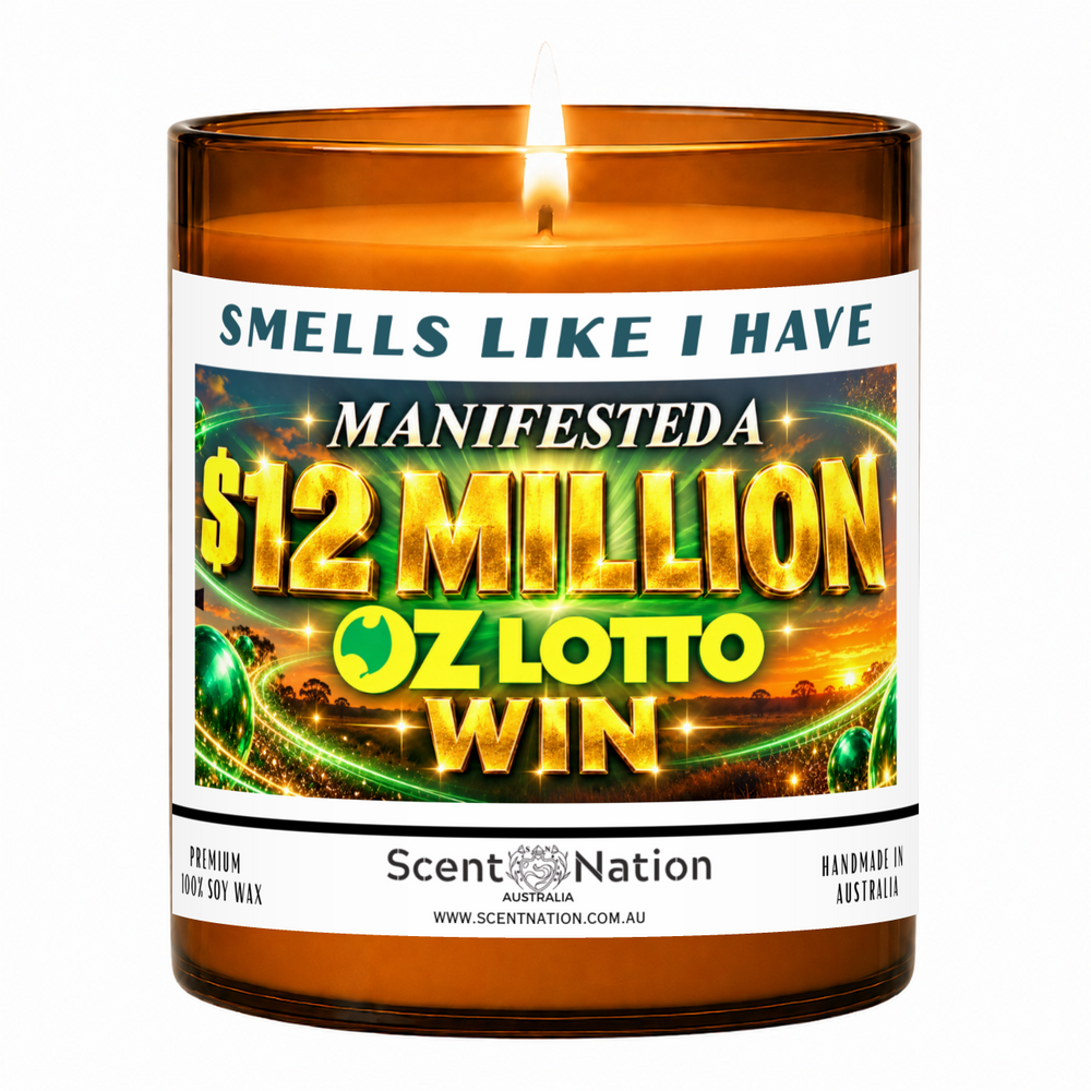 Lit Scent Nation large amber soy candle labelled Smells Like I Have Manifested a $12 Million Oz Lotto Win
