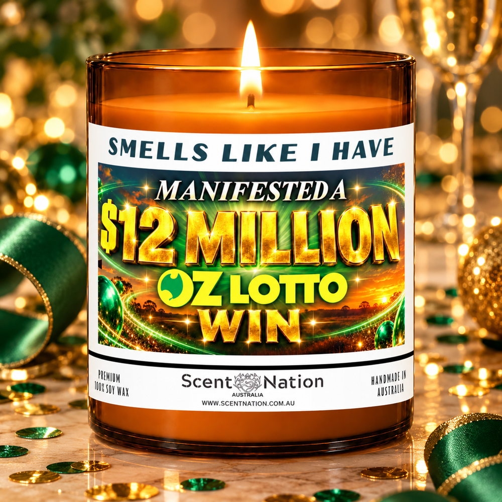 $12 million Oz Lotto win affirmation candle in a green and gold gift-ready celebration setting