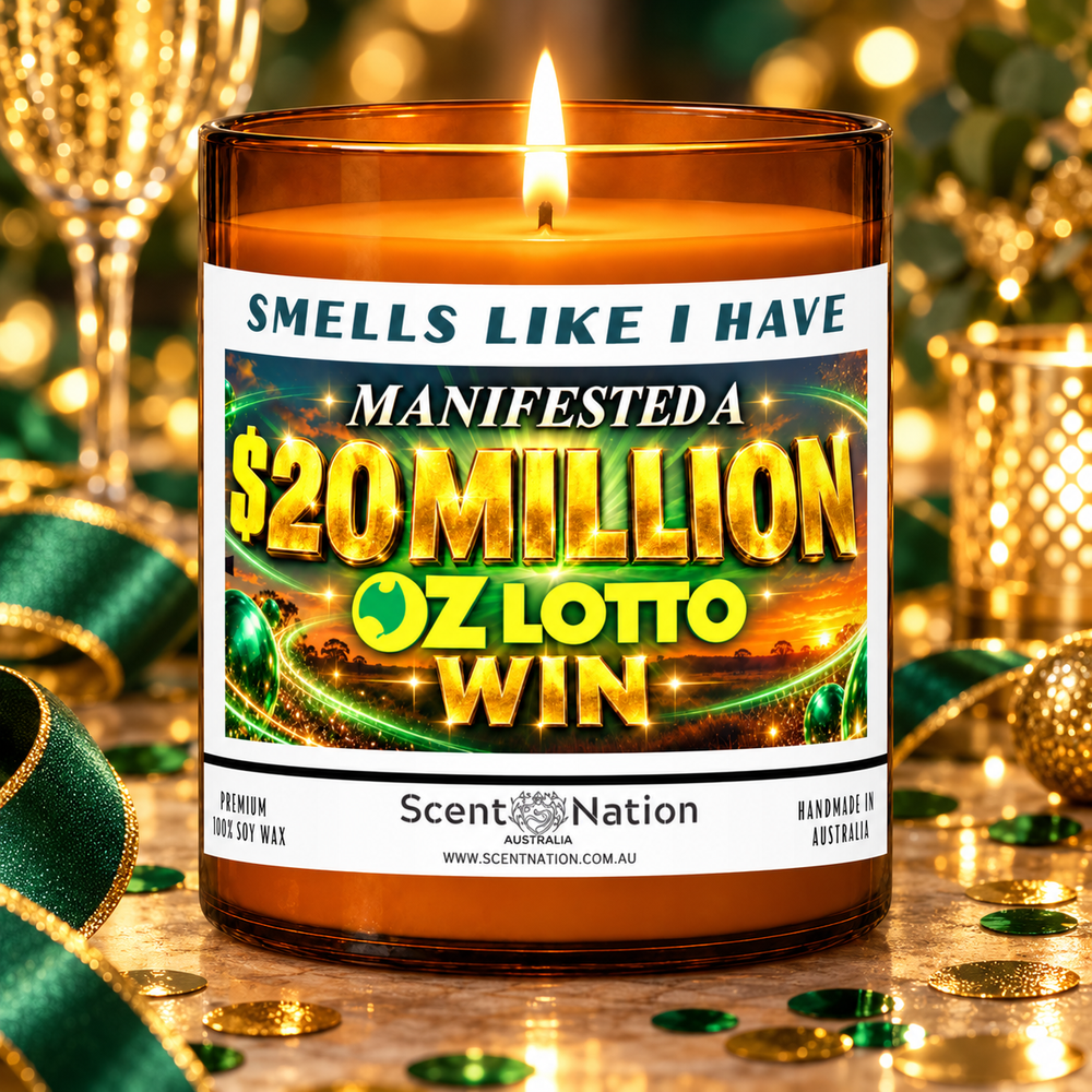 $20 million Oz Lotto win affirmation candle in a green and gold gift-ready celebration setting