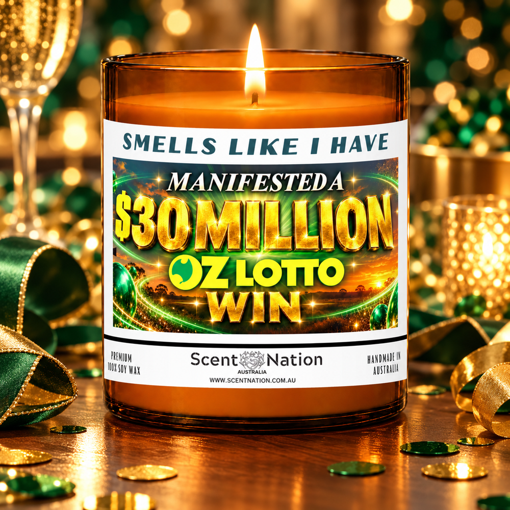 $30 million Oz Lotto win affirmation candle in a green and gold gift-ready celebration setting