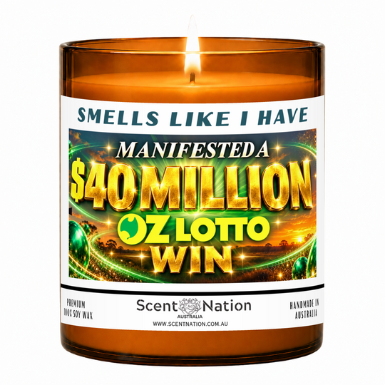 Lit Scent Nation large amber soy candle labelled Smells Like I Have Manifested a $40 Million Oz Lotto Win