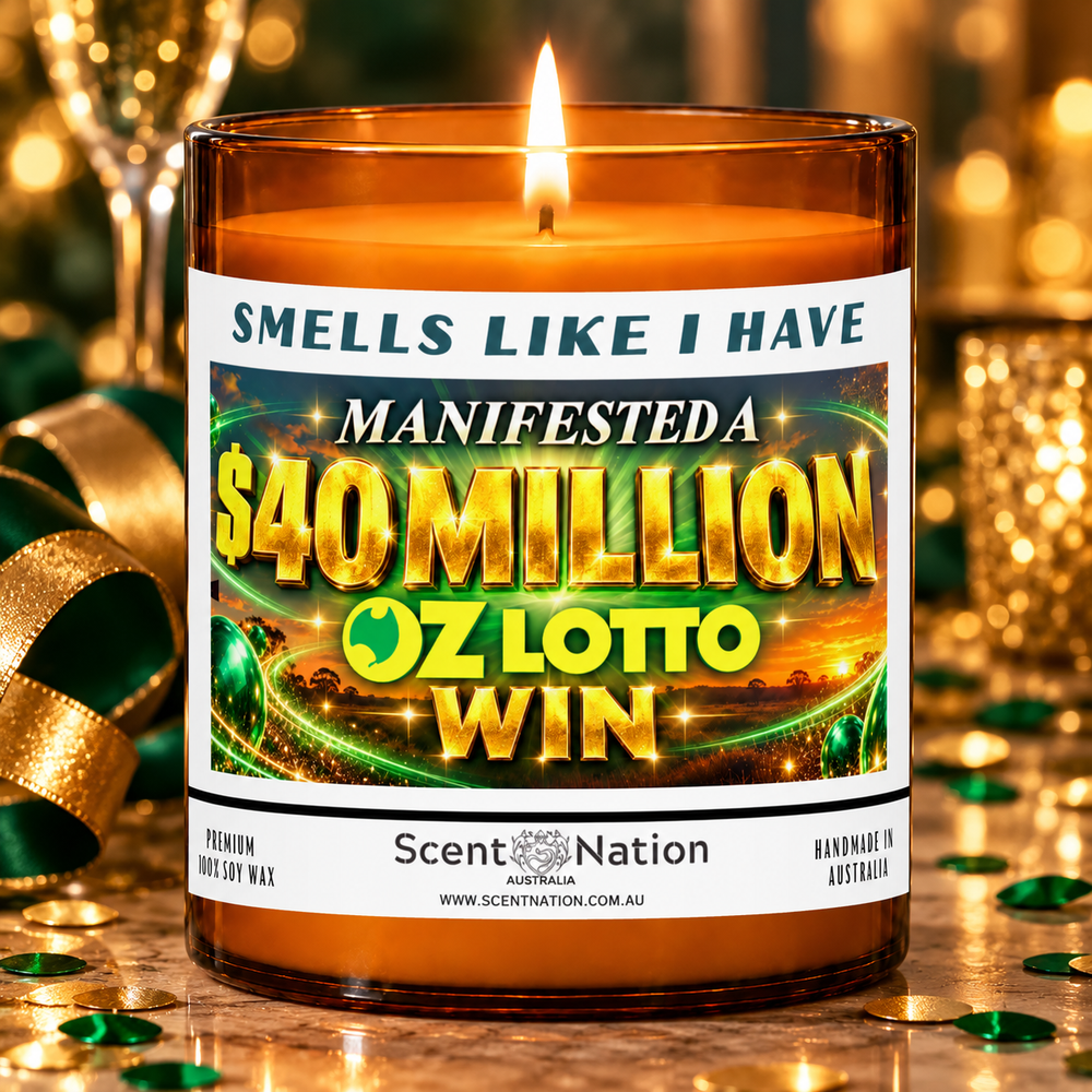 $40 million Oz Lotto win affirmation candle in a green and gold gift-ready celebration setting