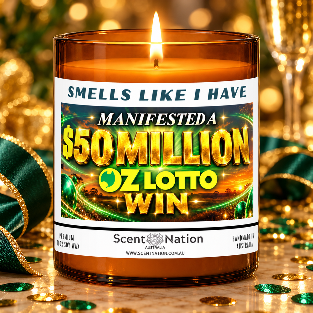$50 million Oz Lotto win affirmation candle in a green and gold gift-ready celebration setting