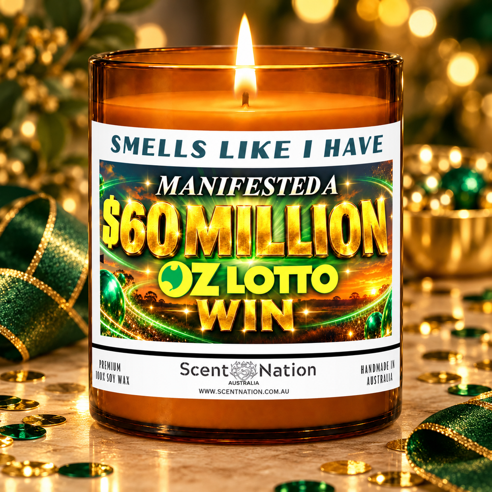$60 million Oz Lotto win affirmation candle in a green and gold gift-ready celebration setting