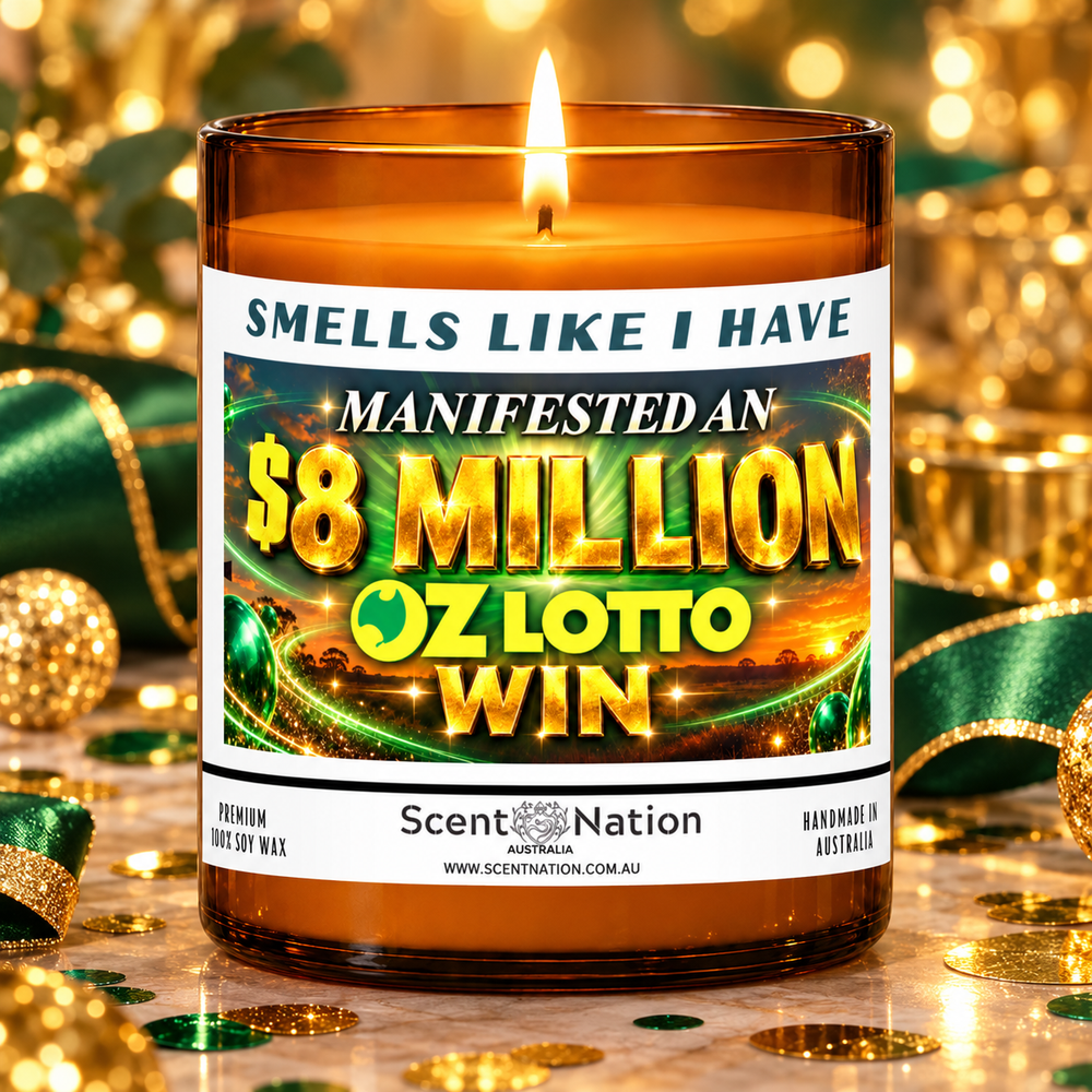 $8 million Oz Lotto win affirmation candle in a green and gold gift-ready celebration setting