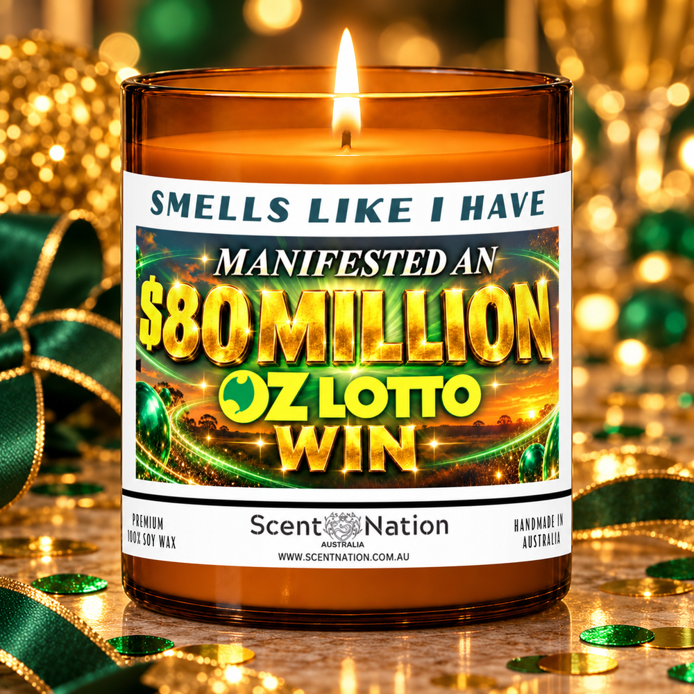 $80 million Oz Lotto win affirmation candle in a green and gold gift-ready celebration setting