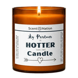 Candles with quotes – My Partner Is Hotter Than This Candle, a Scent Nation hand-poured soy candle in an amber jar with its printed label, Australia
