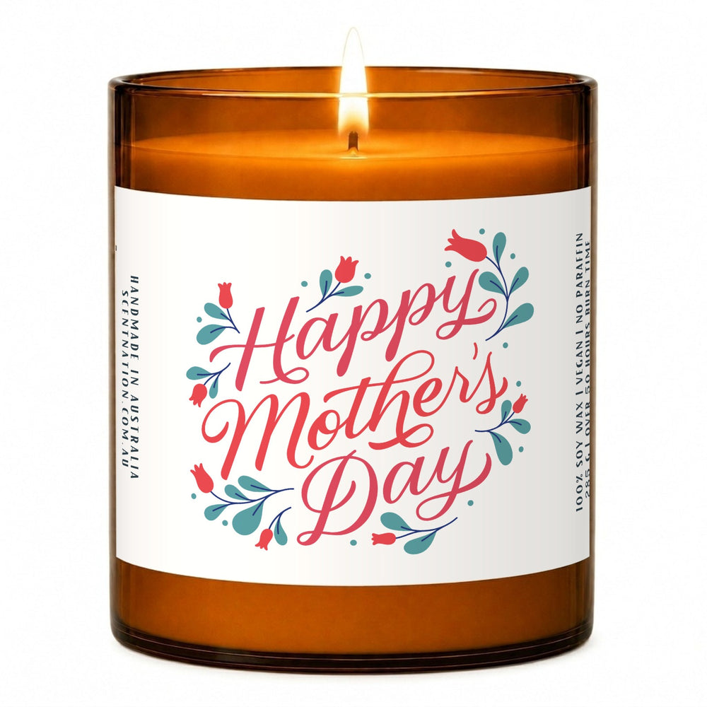 Personalised mothers day gifts: Happy Mother's Day candle, Large 285g amber soy jar with a white label, pink script lettering and red tulips, Scent Nation Australia