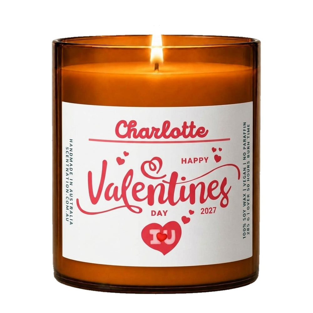 Valentines gifts for her: personalised Happy Valentines Day candle with the name Charlotte, Large 285g amber soy jar, white label with red script and hearts, Scent Nation Australia