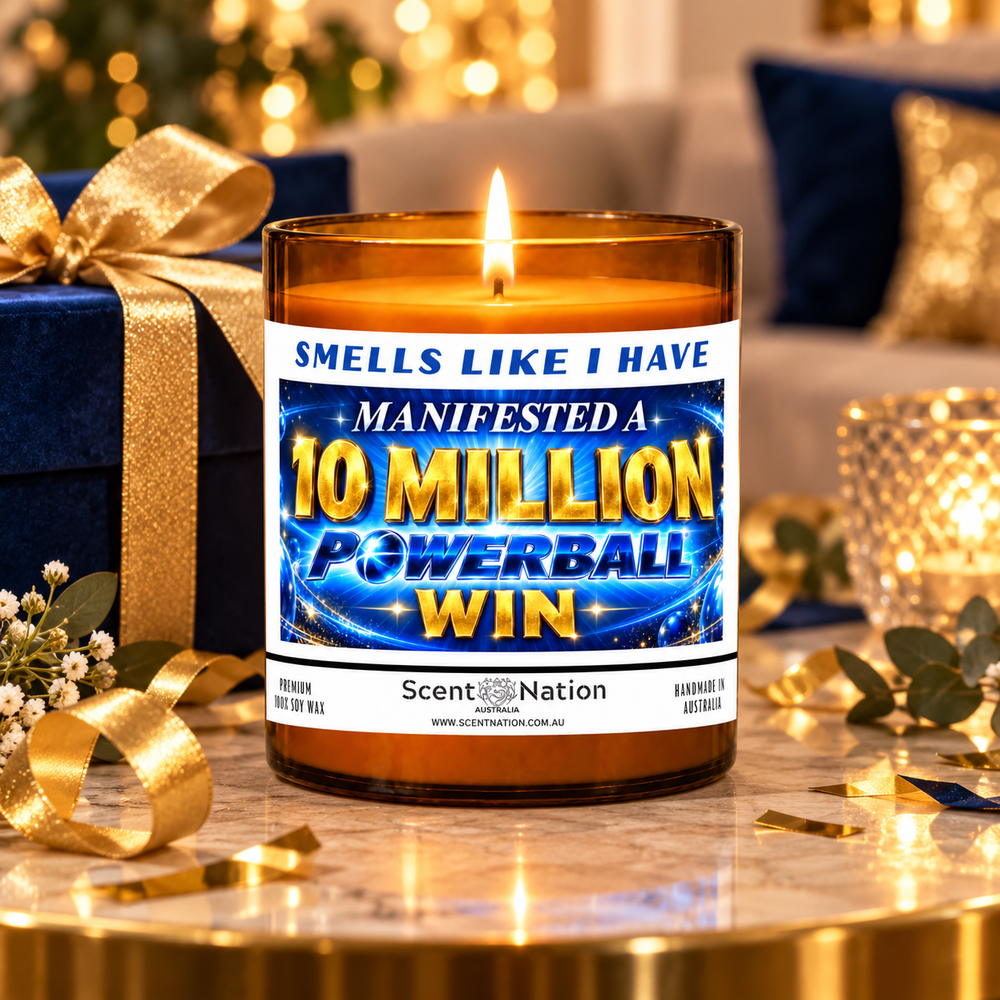 $10 million Powerball win affirmation candle in a blue and gold gift-ready celebration setting