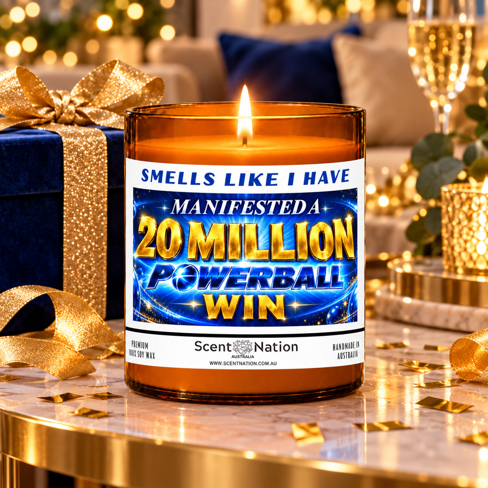 $20 million Powerball win affirmation candle in a blue and gold gift-ready celebration setting