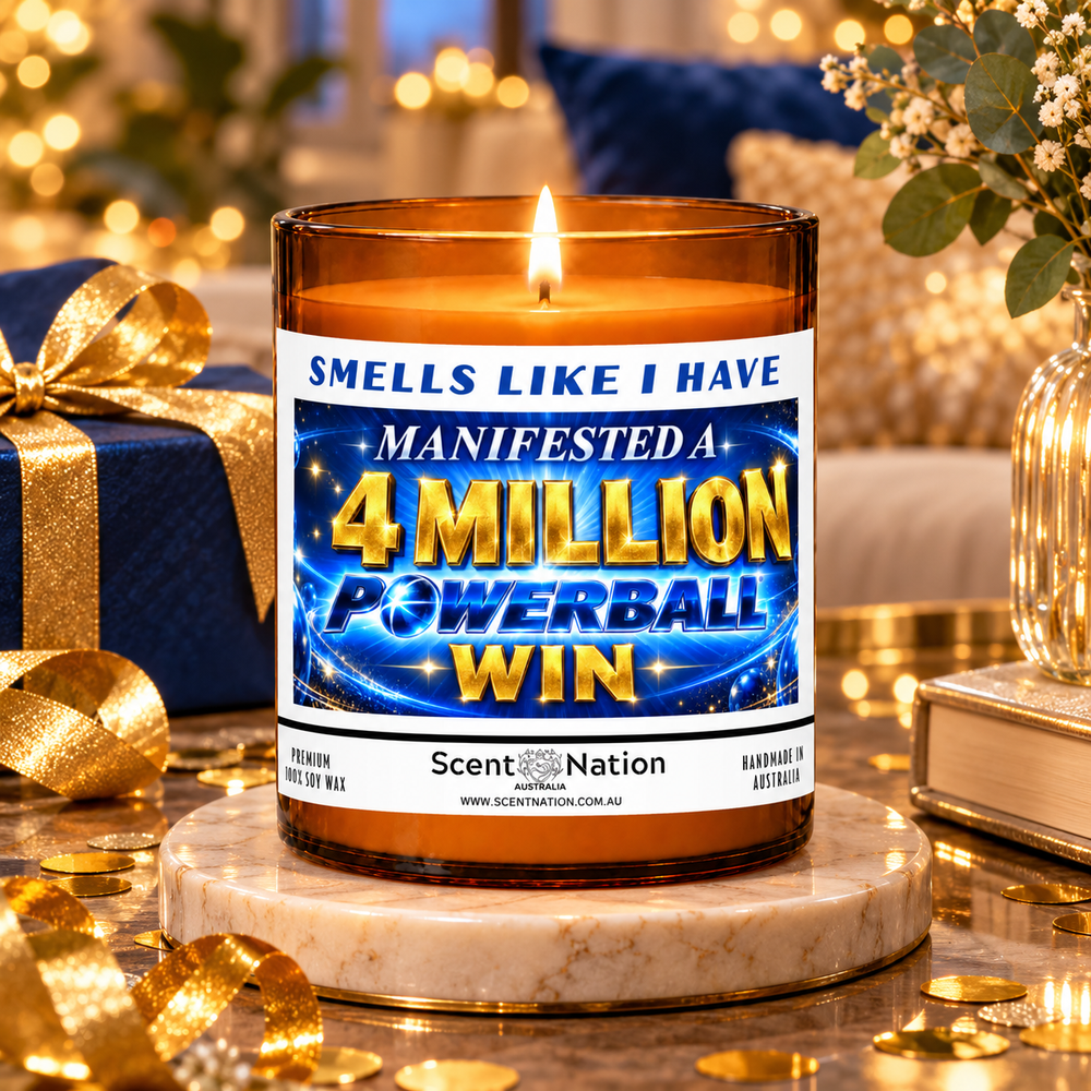 $4 million Powerball win affirmation candle in a blue and gold gift-ready celebration setting