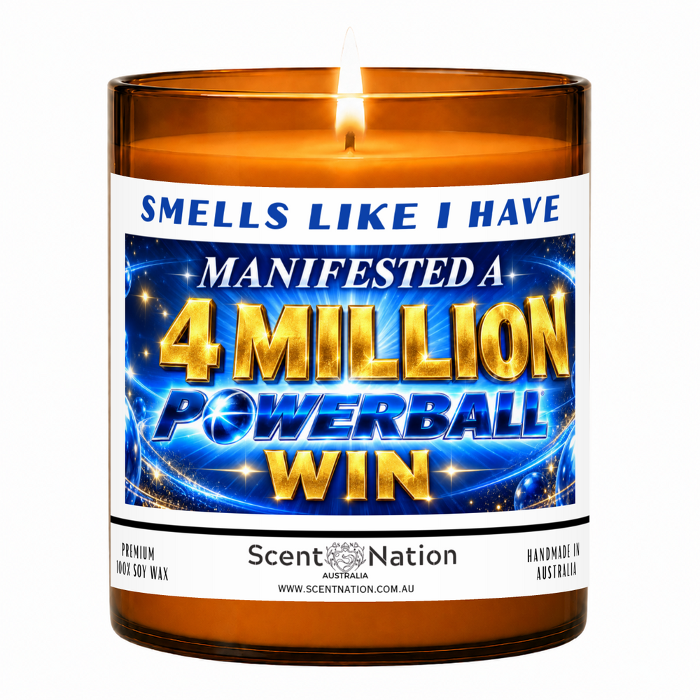 Lit Scent Nation large amber soy candle labelled Smells Like I Have Manifested a $4 Million Powerball Win