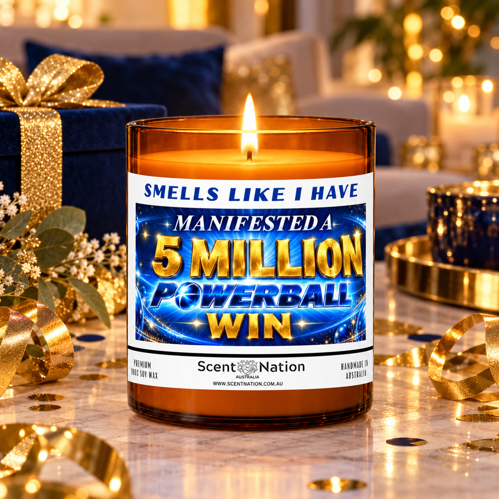 $5 million Powerball win affirmation candle in a blue and gold gift-ready celebration setting