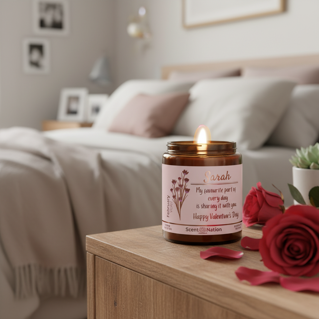 Personalised Valentine's candle burning in romantic bedroom setting with roses Australia by Scent Nation