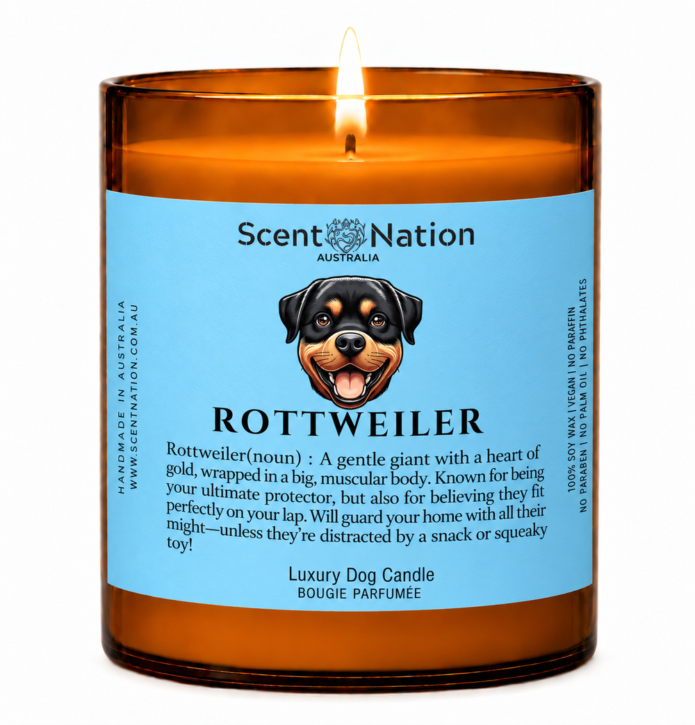 Rottweiler gifts: Rottweiler dog candle, Large 285g amber soy jar with a blue label, a cartoon Rottweiler and a funny dog-noun definition, Scent Nation Australia