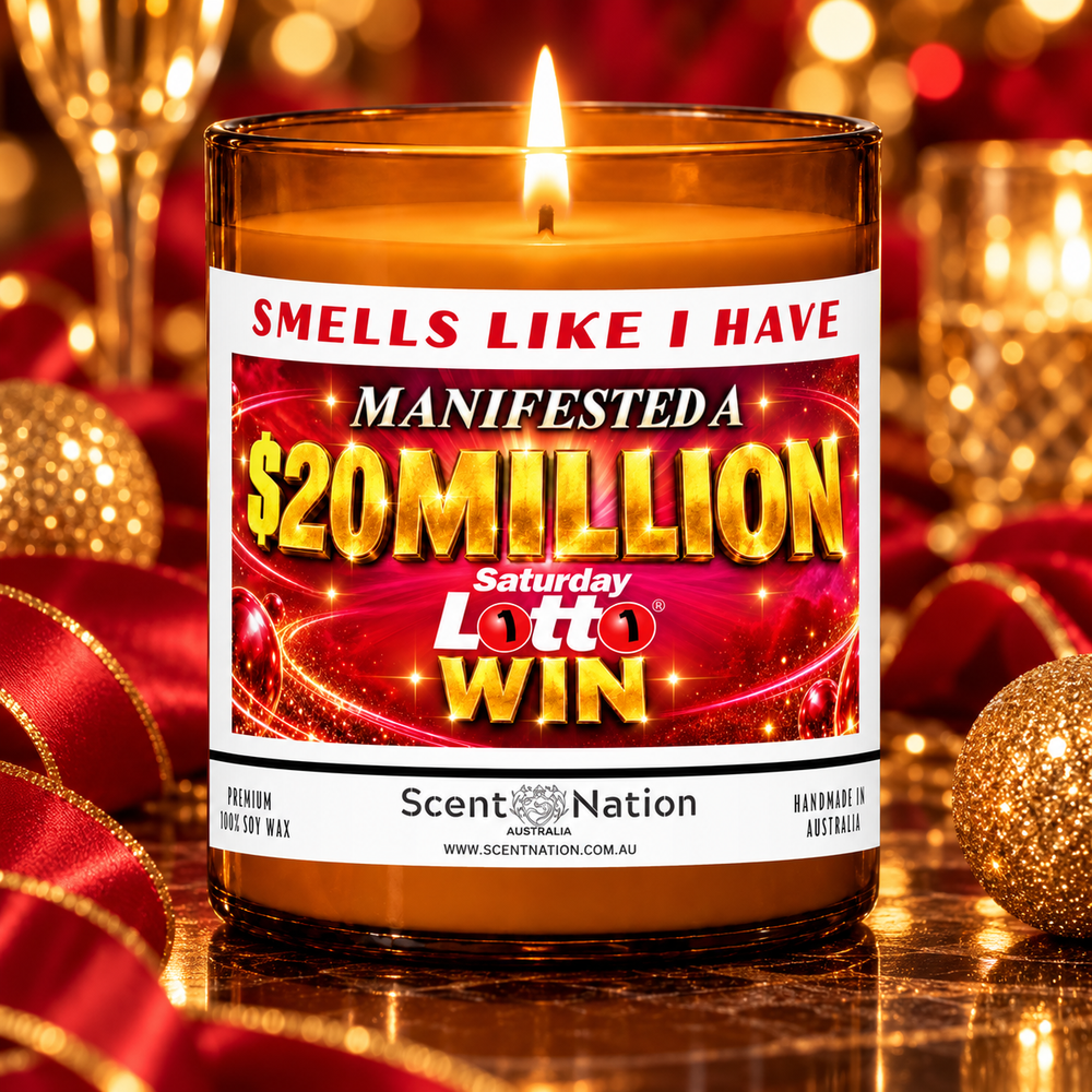$20 million Saturday Lotto win affirmation candle in a red and gold gift-ready celebration setting