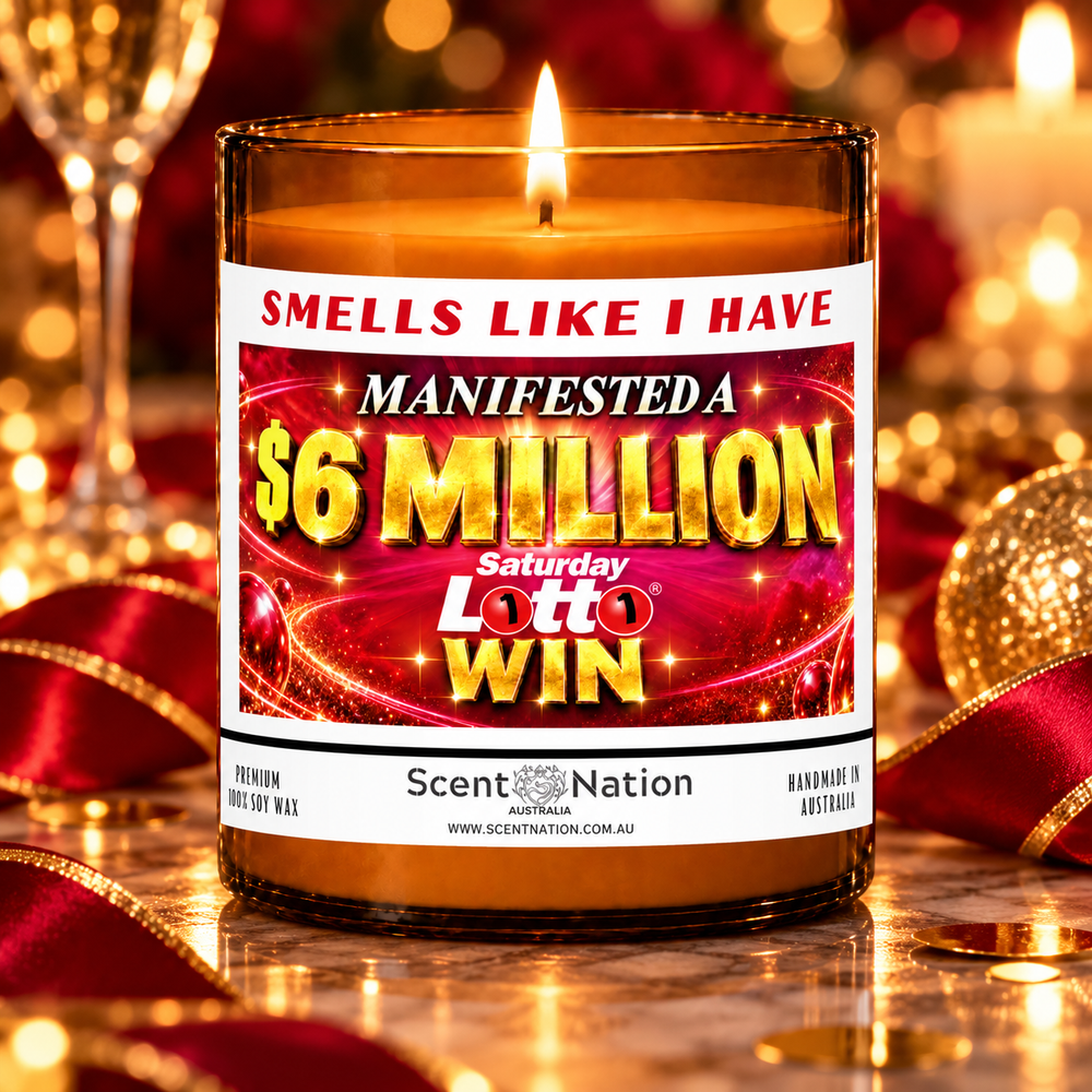 $6 million Saturday Lotto win affirmation candle in a red and gold gift-ready celebration setting