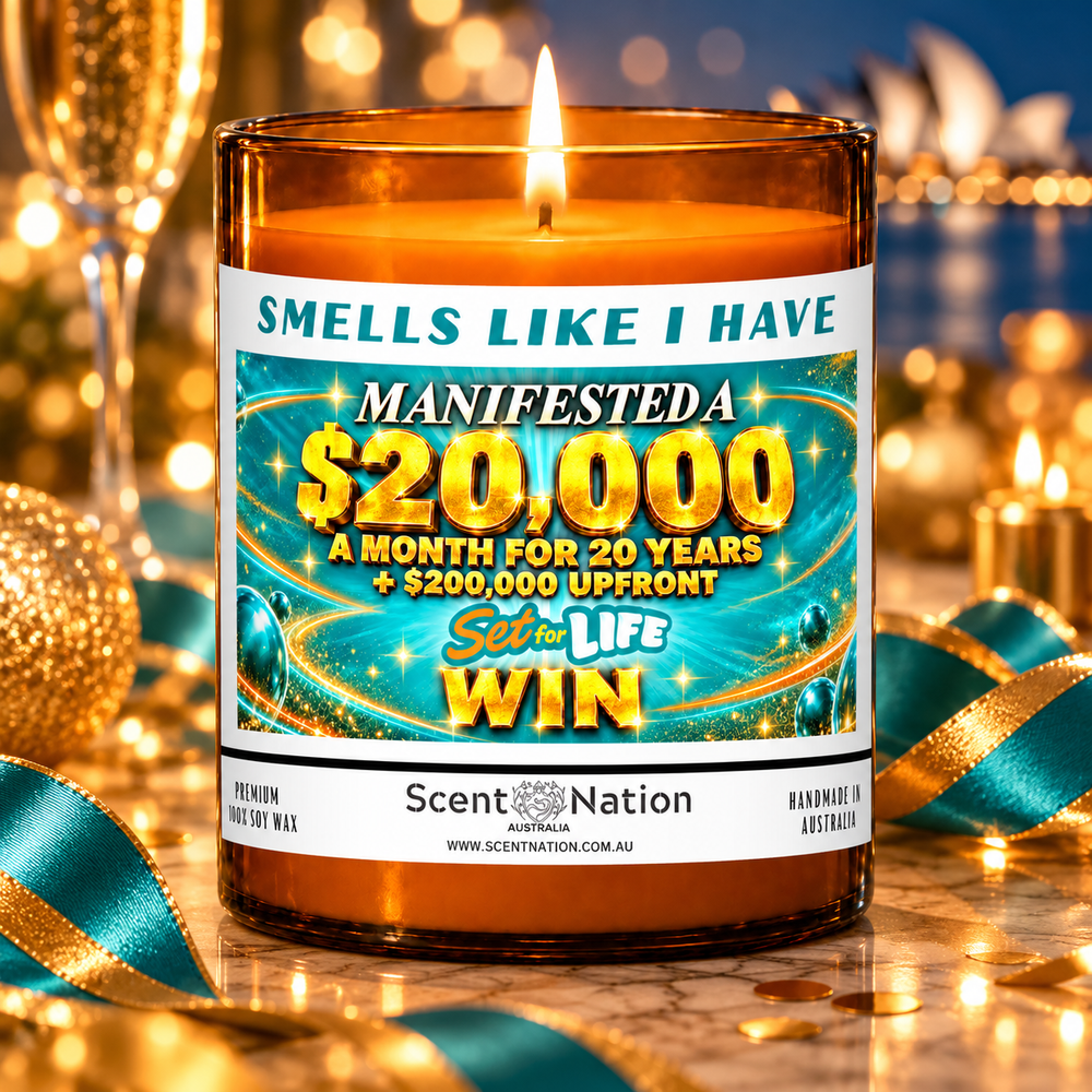 Set for Life win affirmation candle in a teal and gold gift-ready celebration setting