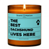 Personalised dog gifts – Smells Like the Best [Breed] Lives Here, a Scent Nation hand-poured soy candle in an amber jar with its printed label, Australia