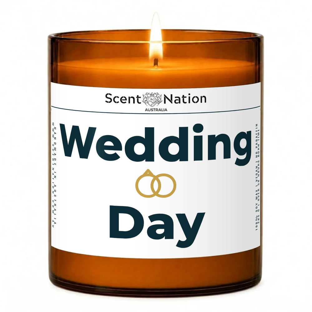 Wedding gifts: Wedding Day candle, Large 285g amber soy jar with a white label, bold navy lettering and two gold wedding rings, Scent Nation Australia