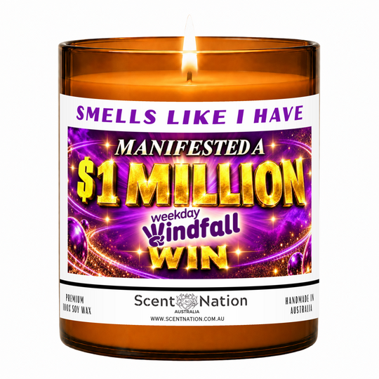 Lit Scent Nation large amber soy candle labelled Smells Like I Have Manifested a $1 Million Weekday Windfall Win