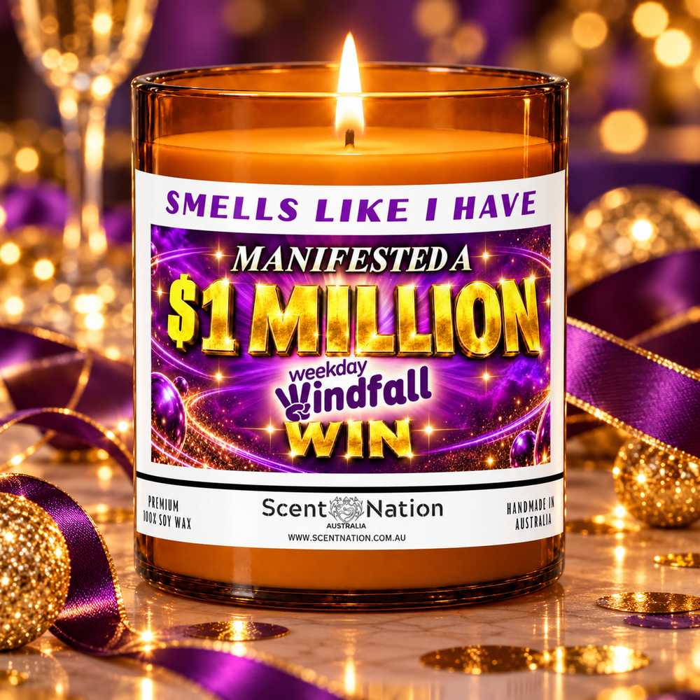 $1 million Weekday Windfall win affirmation candle in a purple and gold gift-ready celebration setting