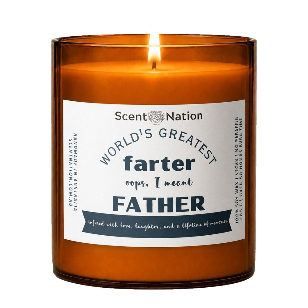 Gifts for dad: World's Greatest Farter, Oops I Meant Father candle, Large 285g amber soy jar with a white label in slate lettering, Scent Nation Australia