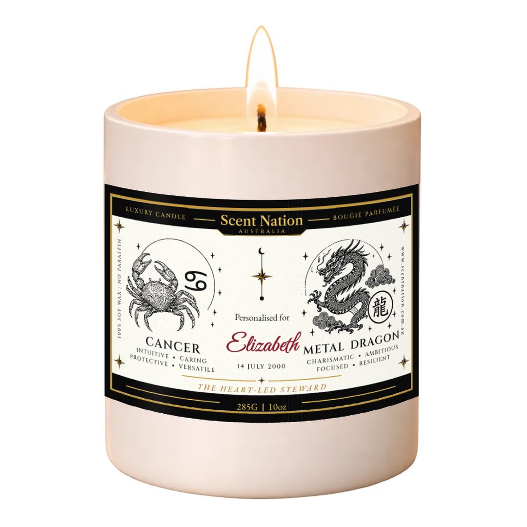Zodiac Birthday Candle: sample Birthdate Story label (Cancer and Metal Dragon, personalised for Elizabeth) on the Large 285g cream jar