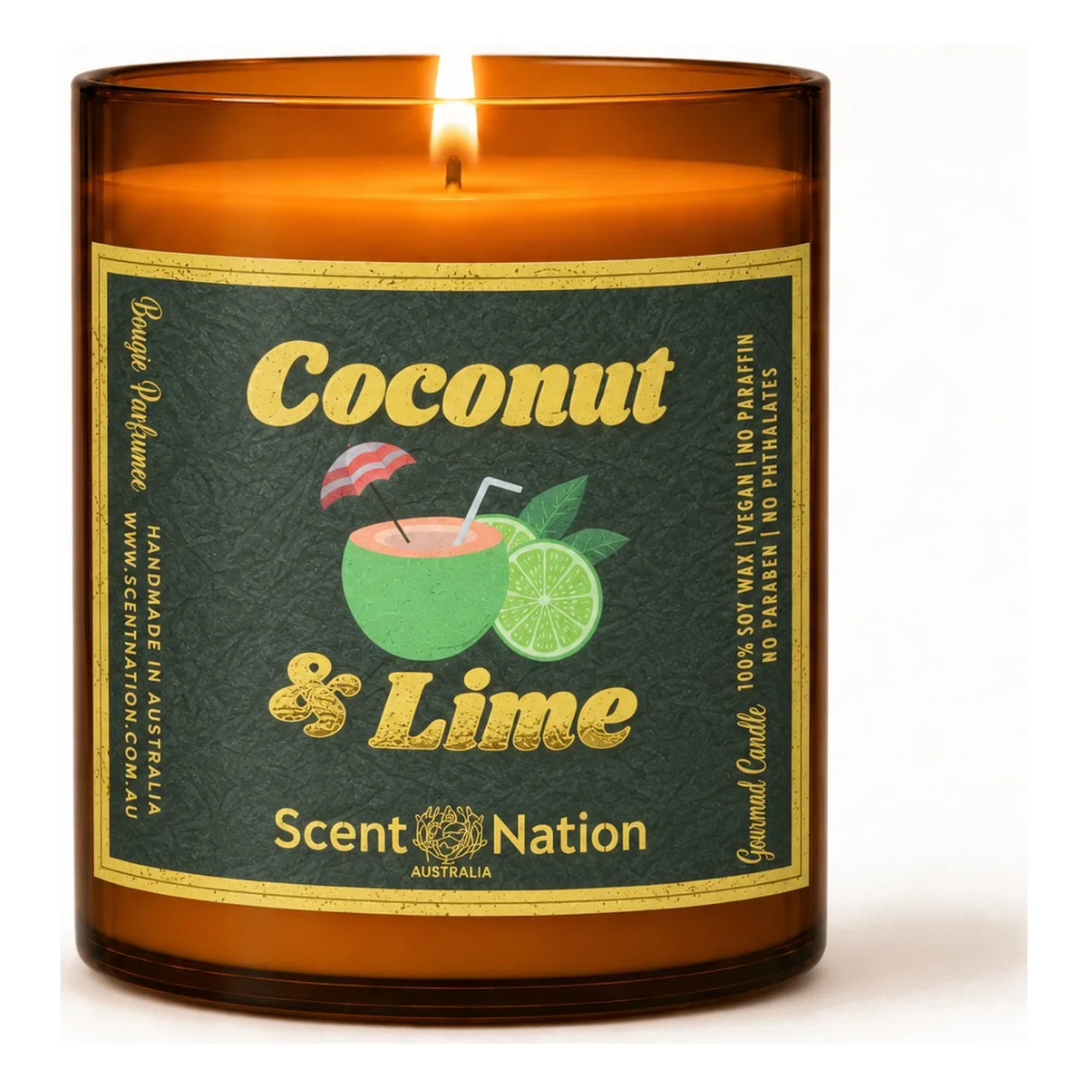 Coconut and lime candle – Coconut & Lime scented soy candle in a Large 285g amber jar, a deep green label with a coconut drink, cocktail umbrella and lime slices