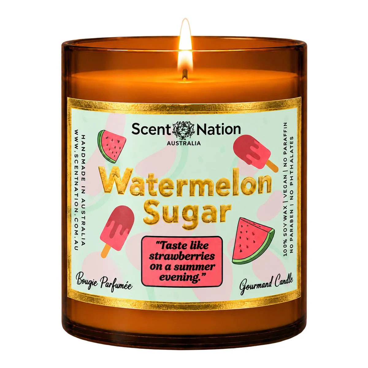 Watermelon candle – Watermelon Sugar scented soy candle in a Large 285g amber jar, a mint label with watermelon slices, pink ice blocks and gold foil lettering