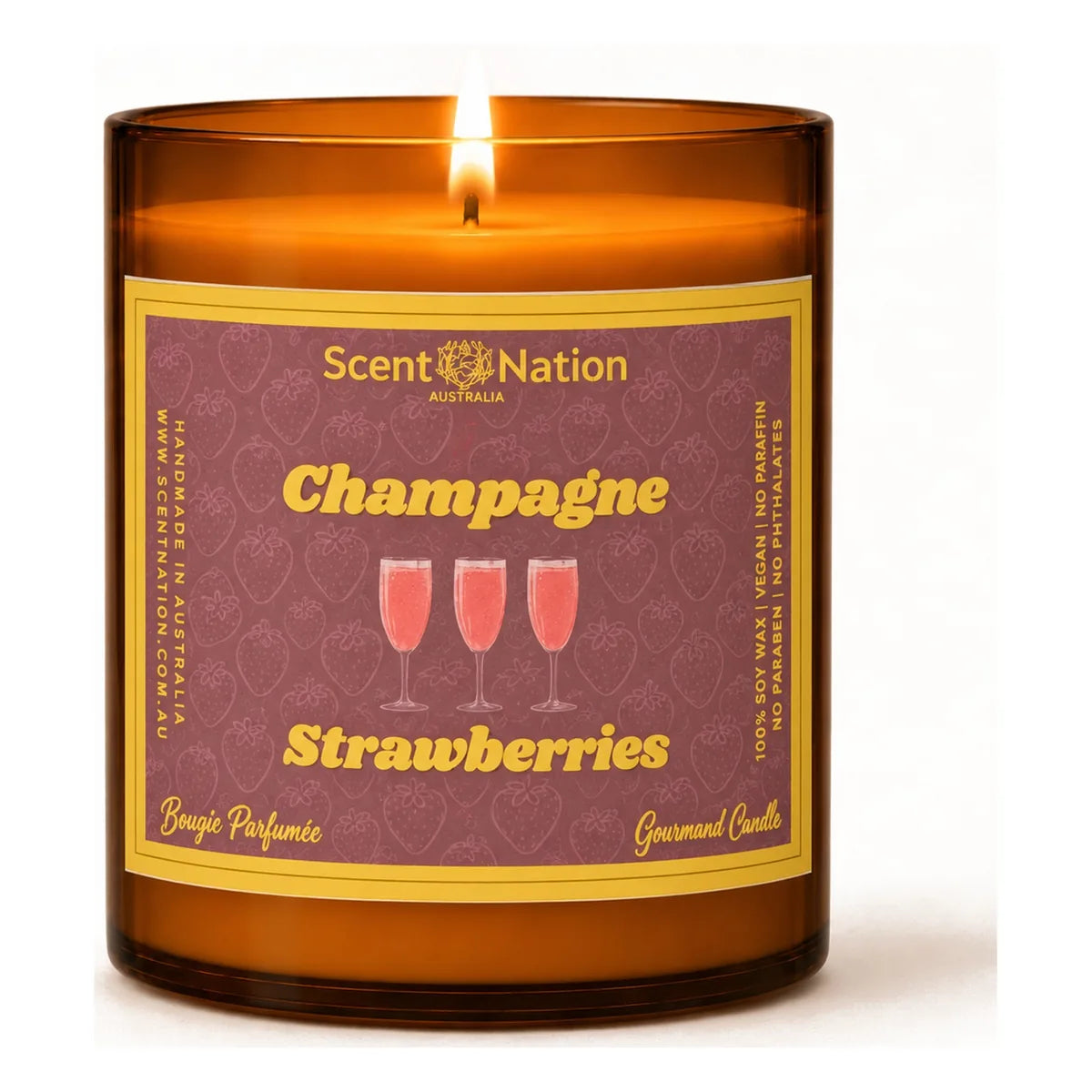 Scented candles Australia – Champagne & Strawberries soy candle in a Large 285g amber jar, a raspberry-red label with three pink champagne flutes and gold lettering