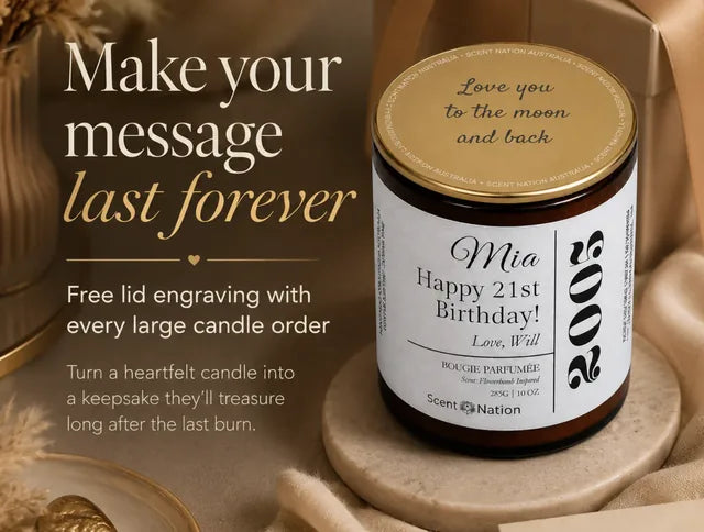 Free candle lid engraving with a Large + lid – a Large 285g amber soy candle with a gold lid laser-engraved “Love you to the moon and back” beside its Mia Happy 21st Birthday name label
