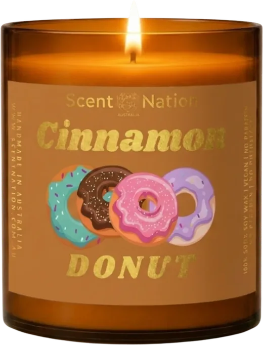 Cinnamon candles – Cinnamon Donut triple-scented soy candle in a Large 285g amber jar with a caramel label of sprinkle-topped donuts in pink, blue and chocolate
