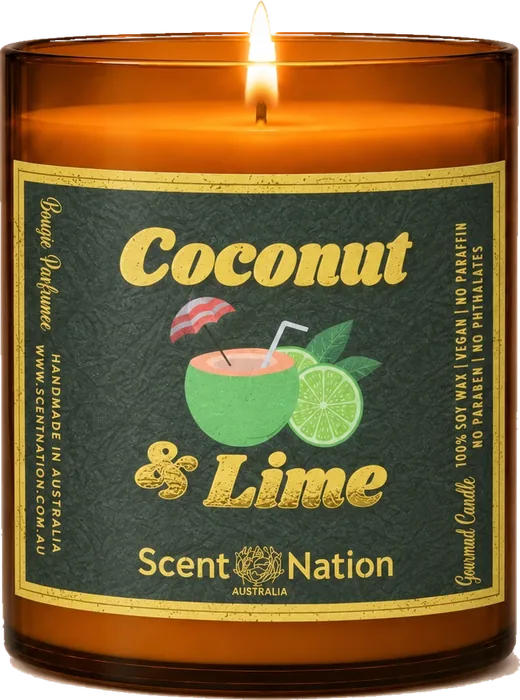 Coconut and lime candle – Coconut & Lime scented soy candle in a Large 285g amber jar with a deep green label, a coconut drink, cocktail umbrella and lime slices