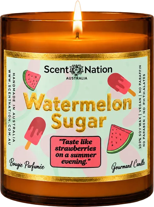 Watermelon candle – Watermelon Sugar scented soy candle in a Large 285g amber jar with a pink label of juicy watermelon slices, hand-poured in Australia
