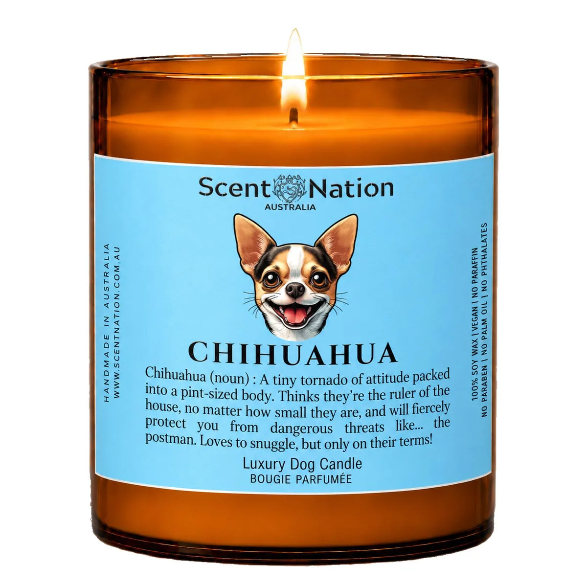 Chihuahua Dog Gifts – Chihuahua dog noun candle with a hand-drawn portrait and funny dictionary definition on a baby-blue label, Large 285g amber jar, for dog lovers in Australia